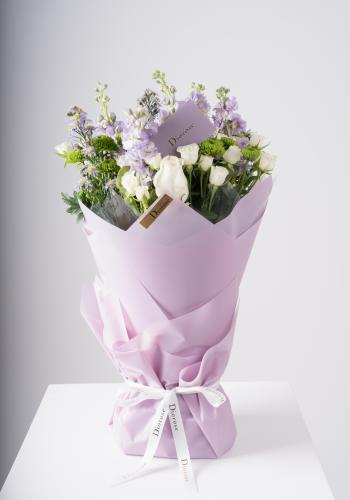 Matthiola Purple, White Spray Roses & Green Chrysanthemums Hand Bouquet